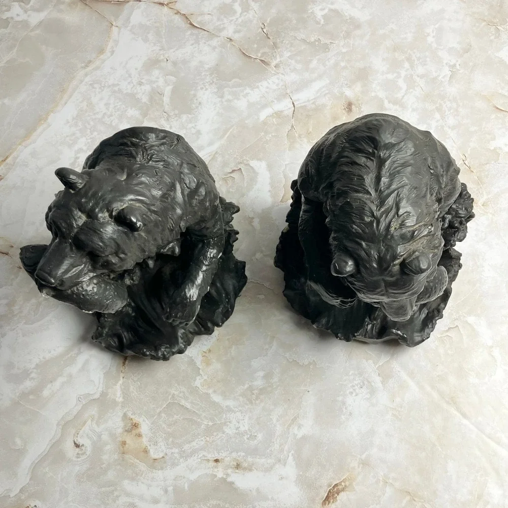 2000 Avery Creations Grizzly Bear Fishing Bookends Molded Resin Faux Bronze